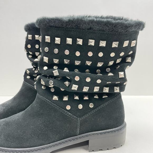 Stuart Weitzman | Arctica 5 Narrow Black Faux Fur Studded Slouchy Pull On Boots - Picture 7 of 12